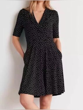 BODEN Black with Light Blue Polka Dot Faux-Wrap Dress